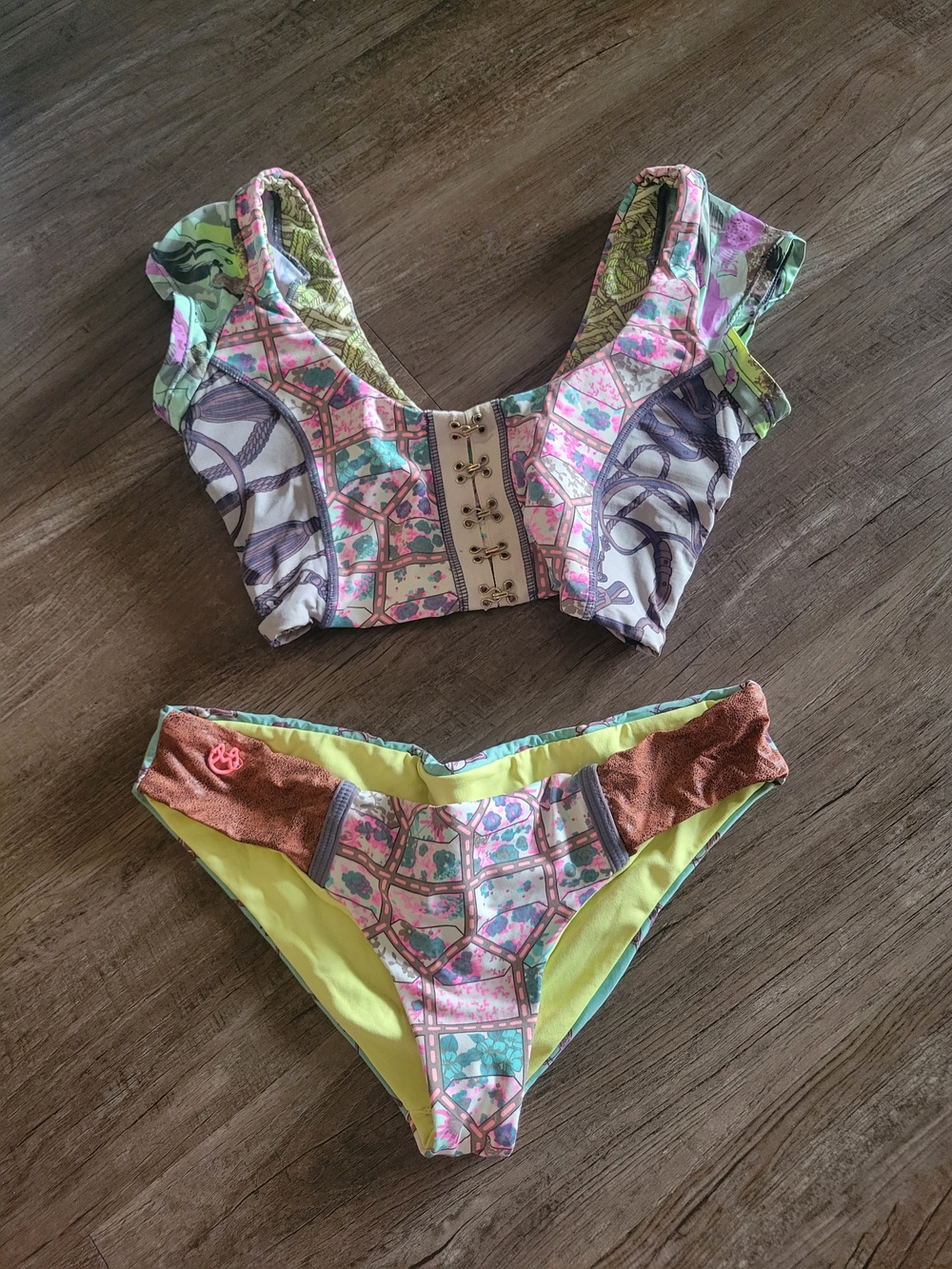 Maaji Woman's Neon Green, and Brown Patterned Bottoms, Pink, Green Top